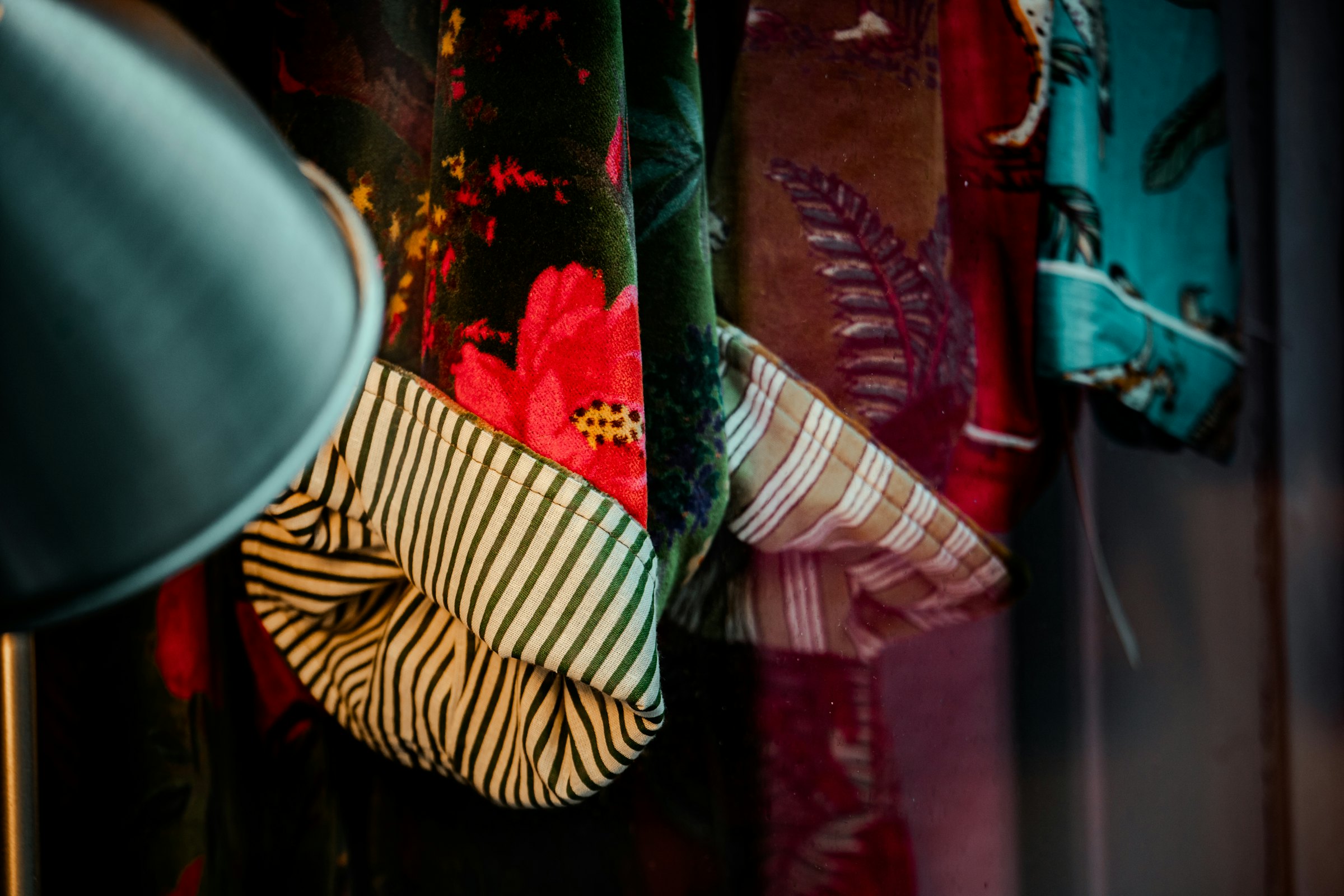 Rolls of furnishing fabric in the showroom